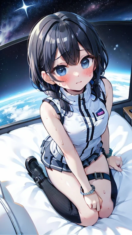 (Best Quality), (masterpiece), 1080P, High resolution, 4K, 8k, Inside the space station、Futuristic room、Thigh straps, Shooting from directly below, The woman on top of me, 白いsweat, Covered , sweat, Woman looking down, Skirt swimsuit, Thigh-high socks, To achieve this, , , whole body, Black leather shoes, Braided Hair, Inner Color, Embarrassed face, Short black hair, bracelet, bedroom,astrovest
