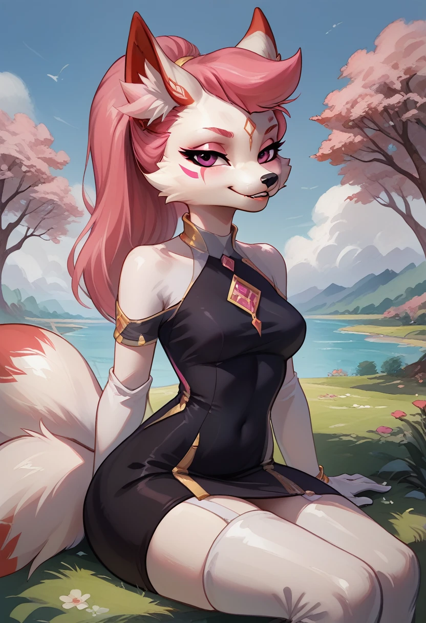 score_9, score_8_up, score_7_up, ultra quality, 1girl, Kimikoxl, anthro, white fox girl, white fur, pink hair, ponytail, white animal ears, animal nose, pink eyes, face markings, smirk, sweet smile, mouth closed, black dress, dress, skin tight dress, white gloves, white thighboots, sitting, seductive look, bedroom eyes, white fox tail, cowboy shot, looking at viewer, staring at viewer, infatuated with viewer, looking back,outdoors, sunny