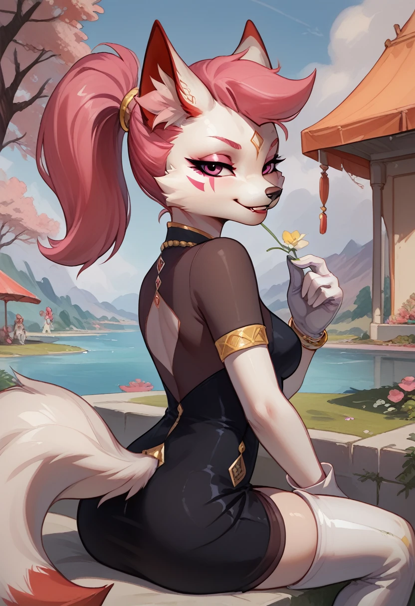 score_9, score_8_up, score_7_up, ultra quality, 1girl, Kimikoxl, anthro, white fox girl, white fur, pink hair, ponytail, white animal ears, animal nose, pink eyes, face markings, smirk, sweet smile, mouth closed, black dress, dress, skin tight dress, white gloves, white thighboots, sitting, seductive look, bedroom eyes, white fox tail, cowboy shot, looking at viewer, staring at viewer, infatuated with viewer, looking back,outdoors, sunny