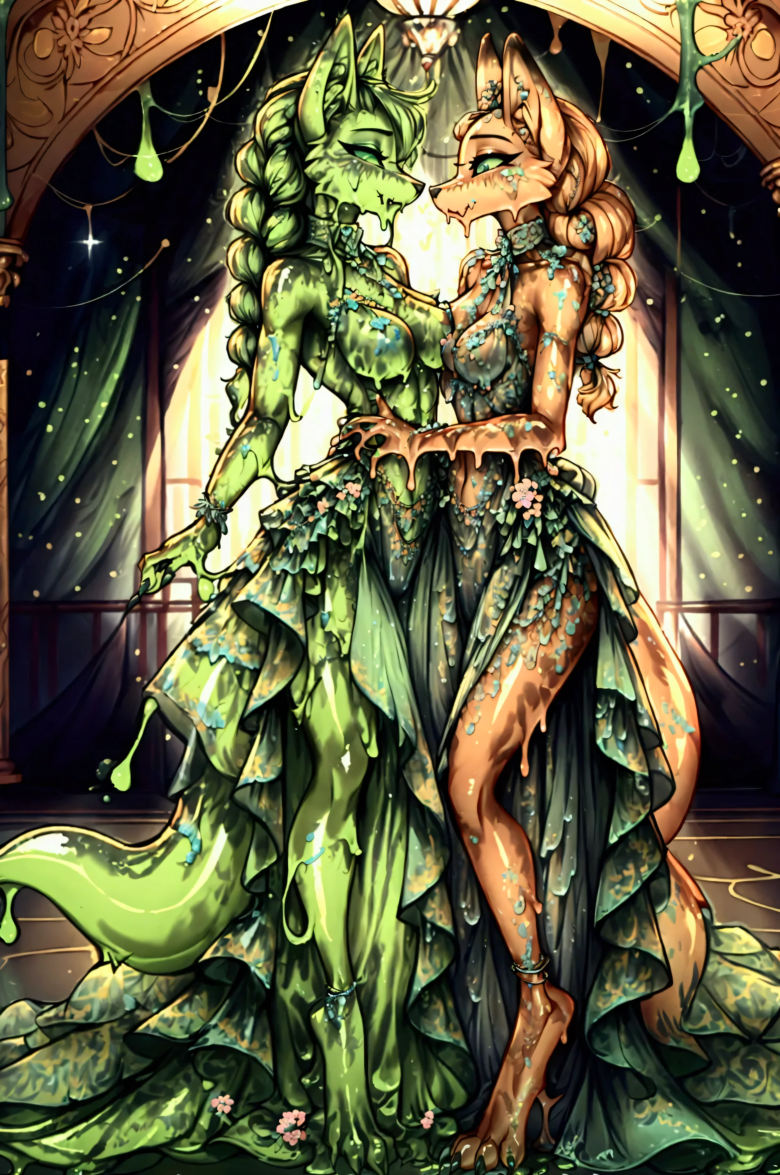 Anthropomorphic foxes, female, overwhelming presence, slime girls, (both girls ballroom dancing together)), long flowery braided hairstyle, sexy, well-toned abs, muscular, ((acidic green colored slime)), ancient civilization background, sharp fangs and claws, tattered regal dress, ((small exposed breasts))