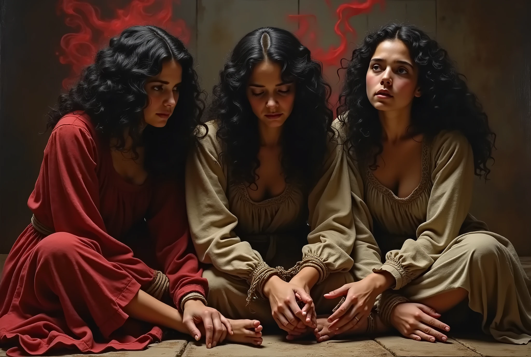 An ultra-realistic detailed photograph: Horror scene, satanic ritual. Nuns with their breasts showing amidst several lit candles. There are snakes around the nuns.