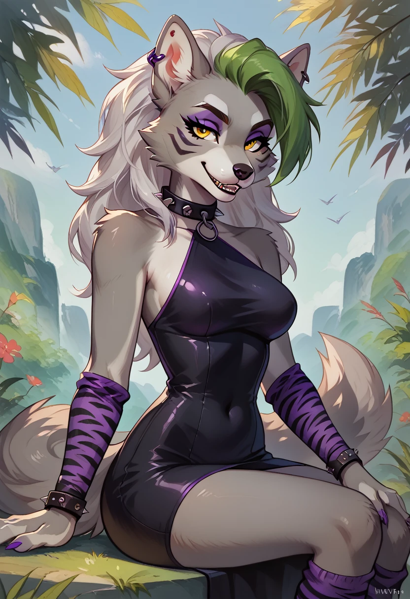 score_9, score_8_up, score_7_up, 1girl, anthro, roxannewolf, roxanne wolf, roxanne, grey wolf girl, grey fur, grey hair, smirk, sweet smile, mouth closed, grey animal ears, animal nose, yellow eyes, purple tigerprint arm warmers, purple tigerprint leg warmers, black dress, dress, skin tight dress, sitting, green/black/purple nails, earring, studded piercing, studded wristband, studded collar, sitting, seductive look, bedroom eyes, from behind, grey wolf tail, cowboy shot, looking at viewer, staring at viewer, infatuated with viewer,outdoors, sunny