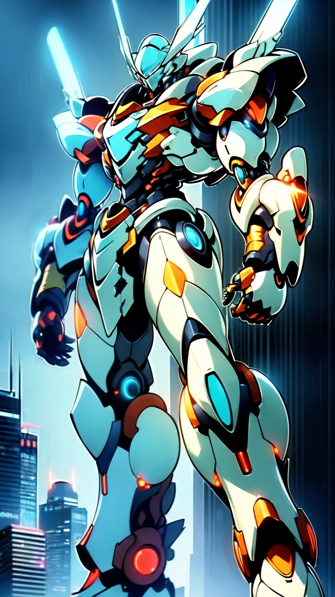 (masterpiece:1.5, best quality:1.5, extremely delicate:1.5), (male:1.5), humanoid Mecha, fully enclosed shoulder guards, matching arm and leg guards, full body, full armor, the design balances heavy with agility, (the color scheme is primarily Blue with Red and White accents, the concept Inspired by Macross, ROBOTANIMESTYLE), organic biotech armor, standing, floating high above the futuristic sci-fi city, exquisite and mature art style, (aura effect, glowing eyes, the armor glows), metallic, dramatic, high definition, highres, ultra-detailed, ultra-fine painting, professional, perfect body proportions, anatomically correct, symmetrical face, extremely detailed eyes and face, high quality eyes, creativity, RAW photo, UHD, 32k, Natural light, cinematic lighting, masterpiece-anatomy-perfect