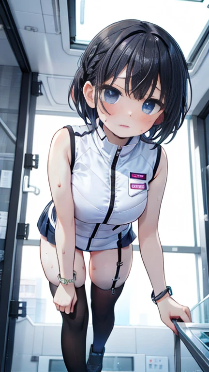 (Highest quality), (masterpiece), 1080P, High resolution, 4K, 8k, Thigh straps, Shooting from directly below, The woman on top of me, Nipples, 白いSweat, Covered , Sweat, Woman looking down, Micro Bikini, Skirt swimsuit, Thigh-high socks, To achieve this, 16 years old, Small breasts, whole body, Black leather shoes, Braided hair, Inner Color, Embarrassed face, Short black hair, bracelet, Bedroom,celestial body_Vest