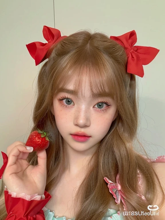 there is a girl with a strawberry in her hand and a red bow on her head and blue green eyes, kawaii realistic portrait, kawaii hairstyle, kawaii hair style, cute natural anime face, cute kawaii girl, belle delphine, kawaii aesthetic, twintails hairstyle, ulzzang, portrait of magical lolita girl, fairycore, anime girl in real life, lalisa manobal, 🤤 girl portrait, realistic aesthetic, small freckles, hyper realistic teenager, barbie doll, freckles!!!, detailed face, realistic face, realistic fingers, jisoo from blackpink , popular south korean makeup, quality detailed ,(beautiful makeup :1.2), 