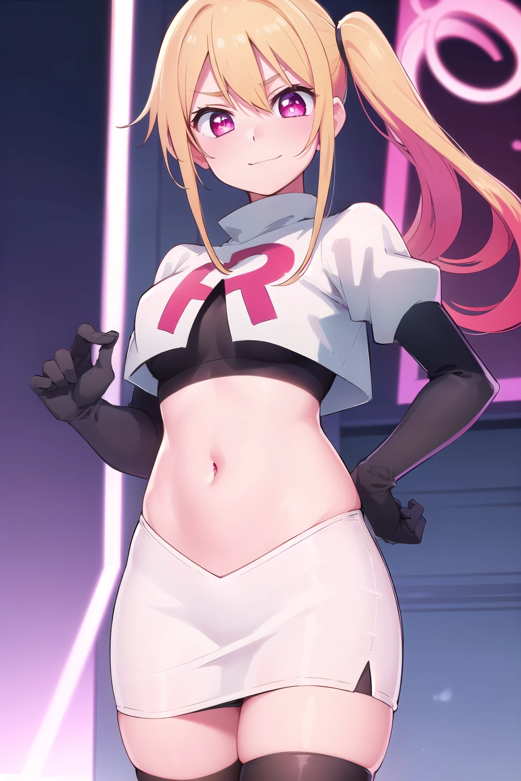 rubyhoshino, ruby hoshino, long hair, bangs, blonde hair, (pink eyes:1.3), sidelocks, (symbol-shaped pupils:1.5), multicolored hair, two-tone hair, smile,
BREAK side ponytail, team rocket,team rocket uniform,white skirt,red letter R,crop top,black thigh-highs,black elbow gloves,
BREAK looking at viewer, cowboy shot,
BREAK (masterpiece:1.2), best quality, high resolution, unity 8k wallpaper, (illustration:0.8), (beautiful detailed eyes:1.6), extremely detailed face, perfect lighting, extremely detailed CG, (perfect hands, perfect anatomy),