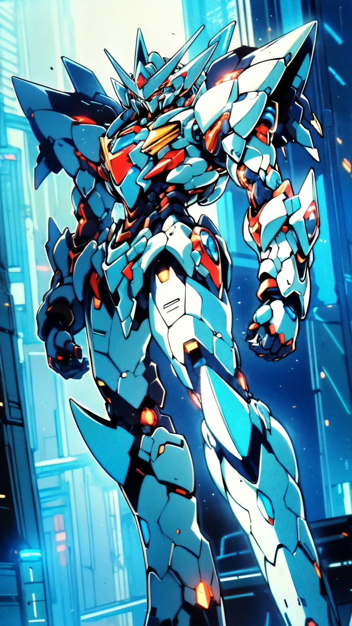 (masterpiece:1.5, best quality:1.5, extremely delicate:1.5), (male:1.5), humanoid Mecha, fully enclosed shoulder guards, matching arm and leg guards, full body, full armor, the design balances heavy with agility, (((the color scheme is primarily Blue with Red and White accents, the concept Inspired by Gundam, ROBOTANIMESTYLE))), organic biotech armor, standing, floating high above the futuristic sci-fi city, exquisite and mature art style, (aura effect, glowing eyes, the armor glows), metallic, dramatic, high definition, highres, ultra-detailed, ultra-fine painting, professional, perfect body proportions, anatomically correct, symmetrical face, extremely detailed eyes and face, high quality eyes, creativity, RAW photo, UHD, 32k, Natural light, cinematic lighting, masterpiece-anatomy-perfect