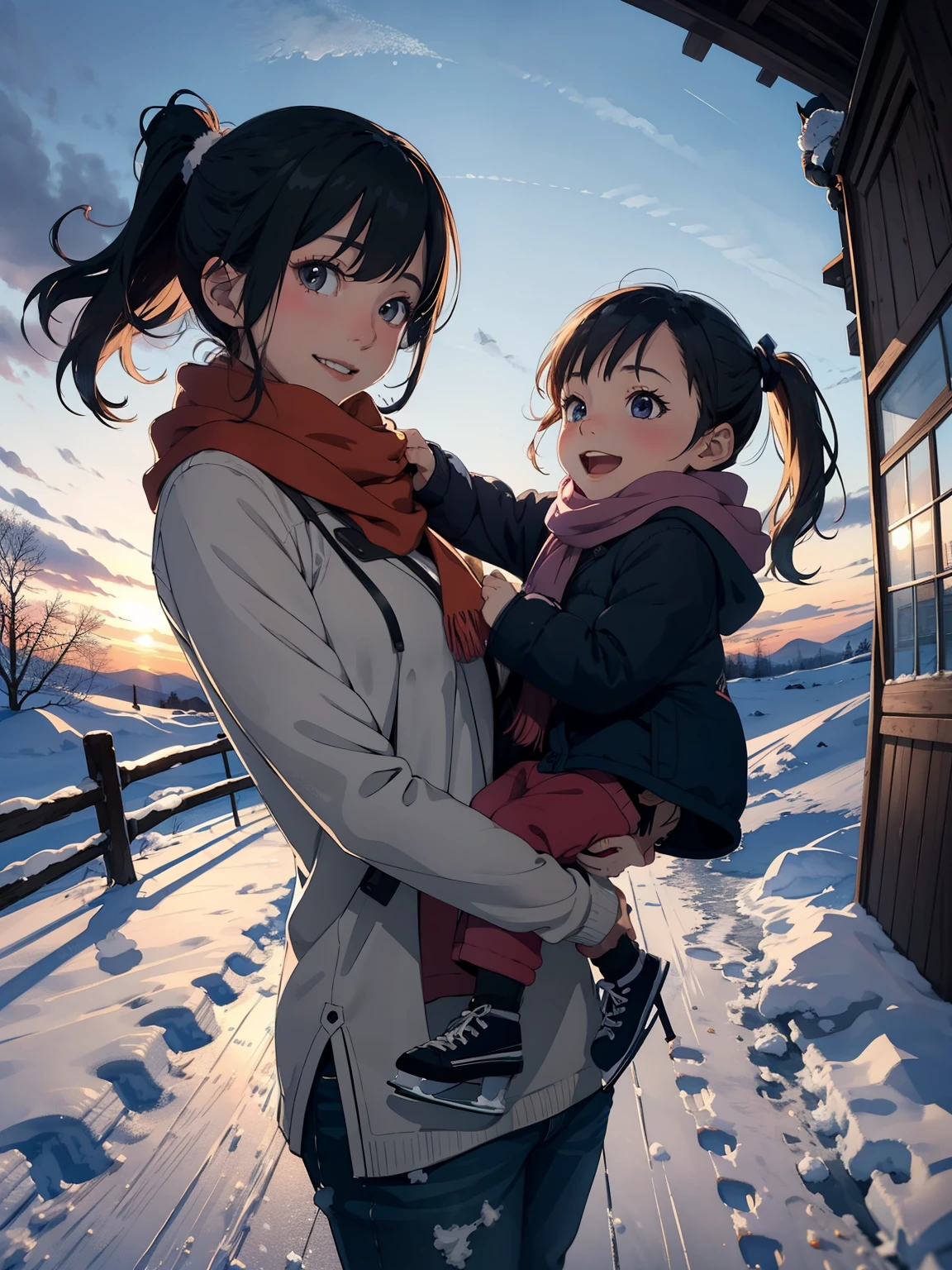 masterpiece，Best Quality，High image quality，(Superflat, Flat Shading )，Fisheye Lens，Beautiful petite trained young mother and her very cute trained daughter:1.25，Warm scarf， (naked)，Long Hair, ice skating, smile, smile, White Breath，fun, play, winter, snow, dusk，Beautiful sunset，Wide angle, Vibrant colors, watercolor, Ghibli style，Strong winds，Girl&#39;s Temptation，