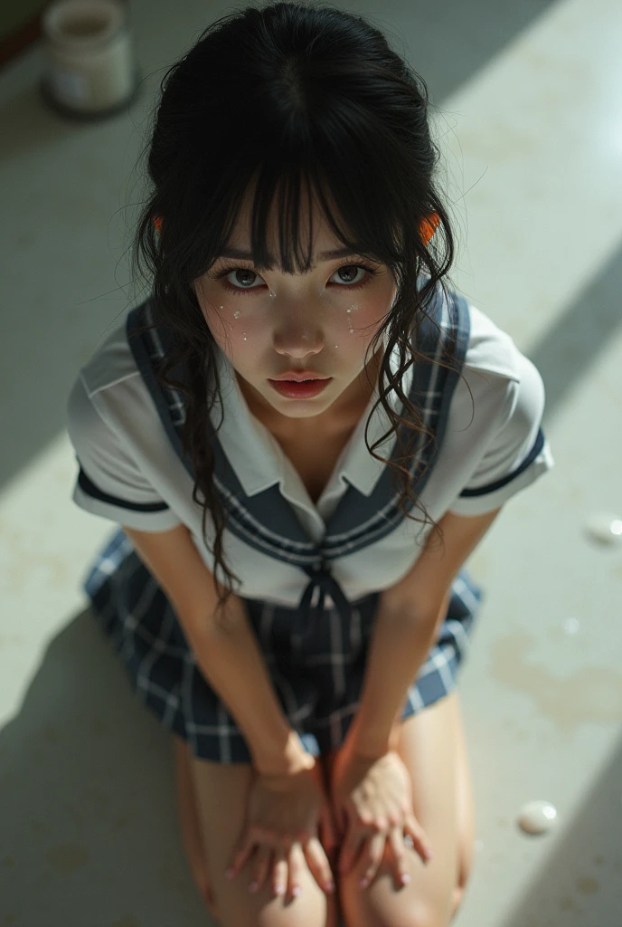 ULZZANG-6500-v1.1、(Raw photo:1.2)、(Photottorial、:1.4)、((Taking a picture of the camera from above、look up to、stares at the camera、Gazing from above with a camera、Take a photo from above))a beautiful detailed girl、extremely detailed eye and face、beatiful detailed eyes、Ridiculous、Incredibly ridiculous、huge filesize、ultra-detailliert、hight resolution、ighly detailed、best qualtiy、 masuter piece、、Chemomimi、((Japanese girls' high school uniform))、illustratio、ighly detailed、ltso、unification、8k wallpaper、magnifica、finely detail、masuter piece、、best qualtiy、Highly detailed LTSO uniform 8k wallpaper、Light on the face、电影灯光、a 18 year old girl、((witheout panties))、((dynamicposes)))、(camel's toe)、(half)、(panthyhose、、、、、、)、(Sitting on legs with bent knees))、shorth hair、shorth hair、long neck、Put your ears out、bangss、big eye、Lashes、kawaii、Very cute big、Cat ear headband