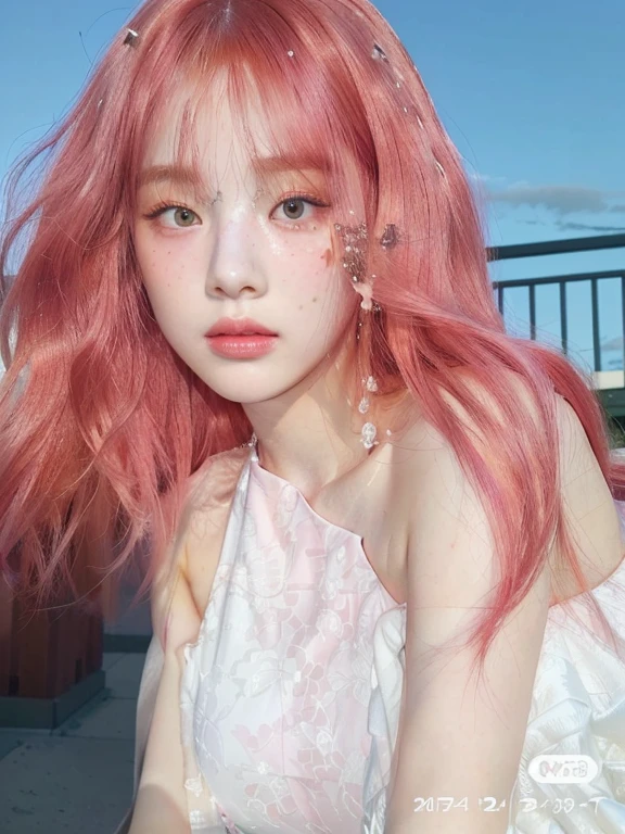 a close up of a woman with pink hair and a white dress and golden green eyes, pale red, with pink hair, ulzzang, red dyed hair, red wig, pink and red color style, flowing pink hair, with long red hair, pink wispy hair, with red hair, long flowing pink hair, sun yunjoo, with curly red hair, pink straight hair , 🤤 girl portrait, realistic aesthetic, small freckles, hyper realistic teenager, barbie doll, freckles!!!, detailed face, realistic face, realistic fingers, jisoo from blackpink , popular south korean makeup, quality detailed ,(beautiful makeup :1.2