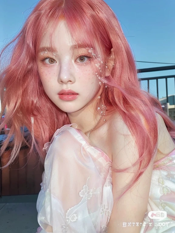 a close up of a woman with pink hair and a white dress and golden green eyes, pale red, with pink hair, ulzzang, red dyed hair, red wig, pink and red color style, flowing pink hair, with long red hair, pink wispy hair, with red hair, long flowing pink hair, sun yunjoo, with curly red hair, pink straight hair , 🤤 girl portrait, realistic aesthetic, small freckles, hyper realistic teenager, barbie doll, freckles!!!, detailed face, realistic face, realistic fingers, jisoo from blackpink , popular south korean makeup, quality detailed ,(beautiful makeup :1.2