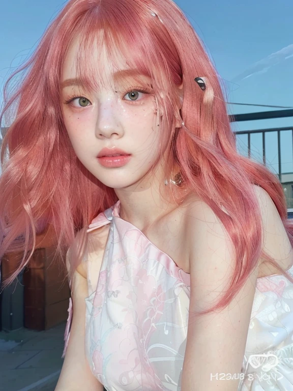 a close up of a woman with pink hair and a white dress and golden green eyes, pale red, with pink hair, ulzzang, red dyed hair, red wig, pink and red color style, flowing pink hair, with long red hair, pink wispy hair, with red hair, long flowing pink hair, sun yunjoo, with curly red hair, pink straight hair , 🤤 girl portrait, realistic aesthetic, small freckles, hyper realistic teenager, barbie doll, freckles!!!, detailed face, realistic face, realistic fingers, jisoo from blackpink , popular south korean makeup, quality detailed ,(beautiful makeup :1.2