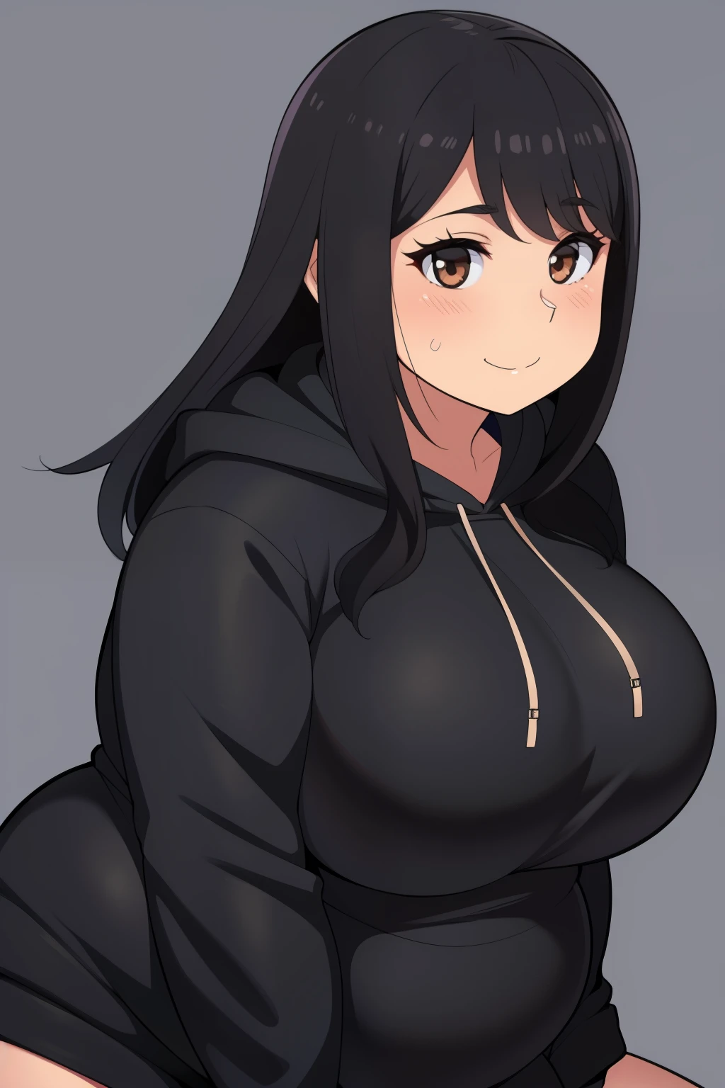 Plump year 21 big breasts black hair brown eyes happy longer hair smile blushing deredere black hoodie