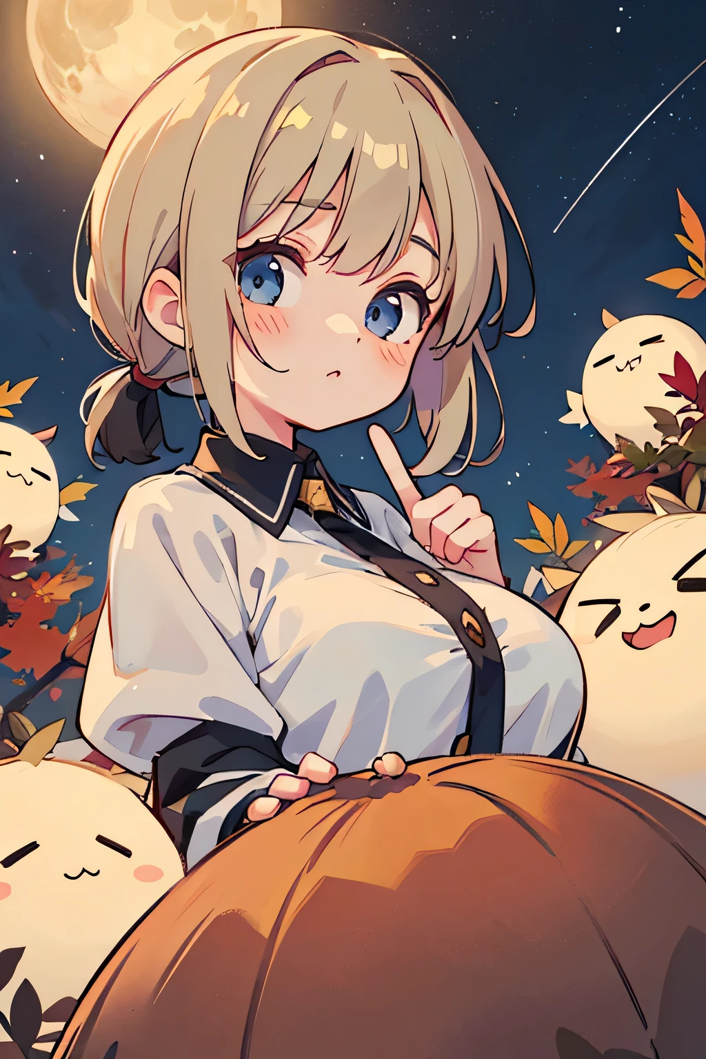 ultra detailed, ultra high res, 64k, Masterpiece, top quality, beautiful eyes in detail, high definition background, bright and beautiful atmosphere, 3 girls (2 years old, 1 short-tempered round face), Chibi (1 child) (hair) , surface effect), color effect), small breasts, blonde hair, decorated with many buns under the full moon, a mini pig on a girl's shoulder, a girl eating dumplings on a plate and looking delicious. A lot of mini pigs staring at the moon, mini pigs stuffing their mouths with dumplings, mini pigs with sleepy faces, deltamon_sdXL:0.73) >Deltamon negative prompt