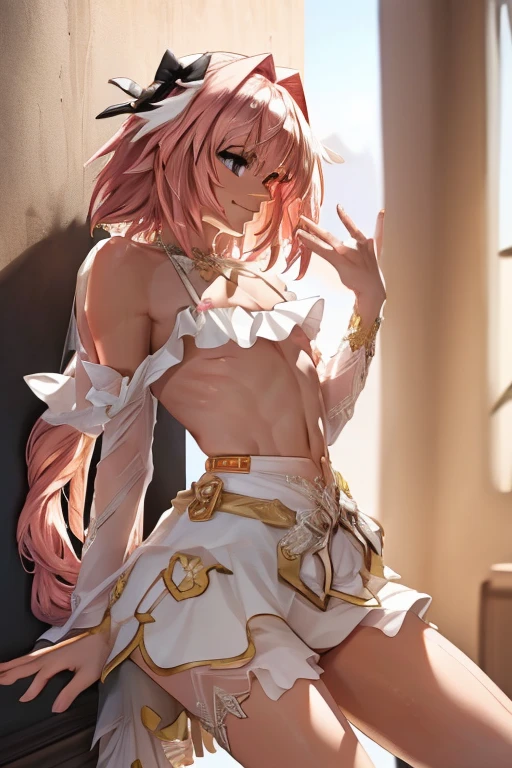 ((masterpiece)), ((best quality)), (detailed), astolfo, Beautiful, Beautiful and slim perfect body, Beautiful body, slim body, flat chest, not breasts, very sexy smile, sexy smile, femboy, boy, bright pink hair, really spiky hair, messy hair, short hair, a long braid, lock of white hair on left side, perfect, solo, gorgeous femenine person, long dress, opened dress, open dress from chest, wedding dress, open wedding dress, dress without shoulder, wedding mini dress without shoulder, bridal veil on the head, small bulge, thong bulge, bikini bulge, luscious lips, long hair, not breasts, sexy, mini skirt, seda skirt, black thong, high heels, gala dress, not female in picture, photo pose, mini thong, long braid, very high ponytail, femboy, Walking, happy, sexy, micro thong, cute bulge, micro crop top, sexy mini skirt, sexy pose, not penis, not nipples, only astolfo, picture of all body, pink hair, formal blouse, happy smile, long latex gloves, bikini bulge, golden dress, high heels, close legs, not open legs, thong bulge, bikini bulge, femboy, not female, male