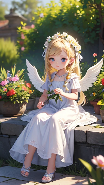 cute little Flowe  Angel ,Big gradient angel wings Big wings Angel wings Rainbow gradient long hair Pointed ears Flower crown Dress made of leaves Flower Sitting on a big flower Big flower Smiling gently Sparkling Sunshine Big flower