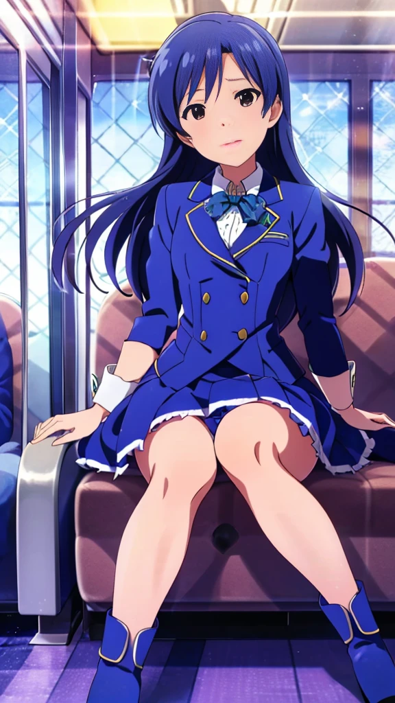 The Idolmaster、Kisaragi Chihaya、Idol Costume、sit in a train seat、View from the front、mini skirt、Blue hair long straight、White lace panties、8k high resolution、masterpiece、Photo quality、Spread your legs、Long boots