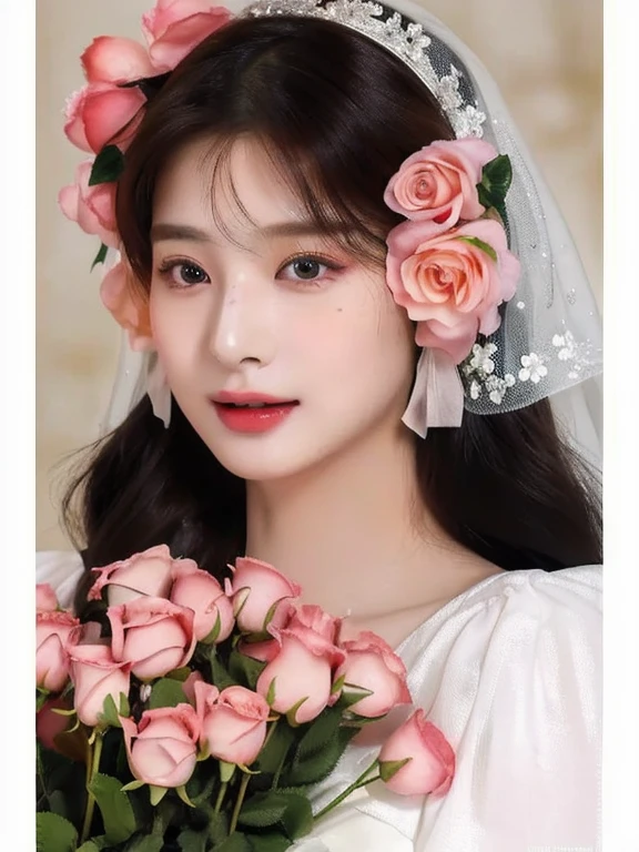 a woman with flowers in her hair and a veil on her head and magenta eyes, flowers on heir cheeks, kim doyoung, ulzzang, popular south korean makeup, popular korean makeup, beautiful aesthetic face, with flowers, crown of peach roses, aesthetic portrait, rosy cheeks, sakimichan, inspired by Yanjun Cheng, rosey cheeks, 🌺 cgsociety, 🤤 girl portrait, realistic aesthetic, small freckles, hyper realistic teenager, barbie doll, freckles!!!, detailed face, realistic face, realistic fingers, jisoo from blackpink , popular south korean makeup, quality detailed ,(beautiful makeup :1.2), 