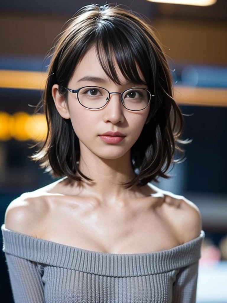 (8K、Raw photography、top-quality、masterpiece:1.2)、(realisitic、Photorealsitic:1.37)、ultra-detailliert、超A high resolution、女の子1人、see the beholder、beautifull detailed face、A smile、Constriction、(Slim waist) :1.3)、short-cut、Beautiful detailed skin、Skin Texture、Floating hair、Professional Lighting、atlibrary、Square glasses with black rimming 、Whole human body、Brown hair