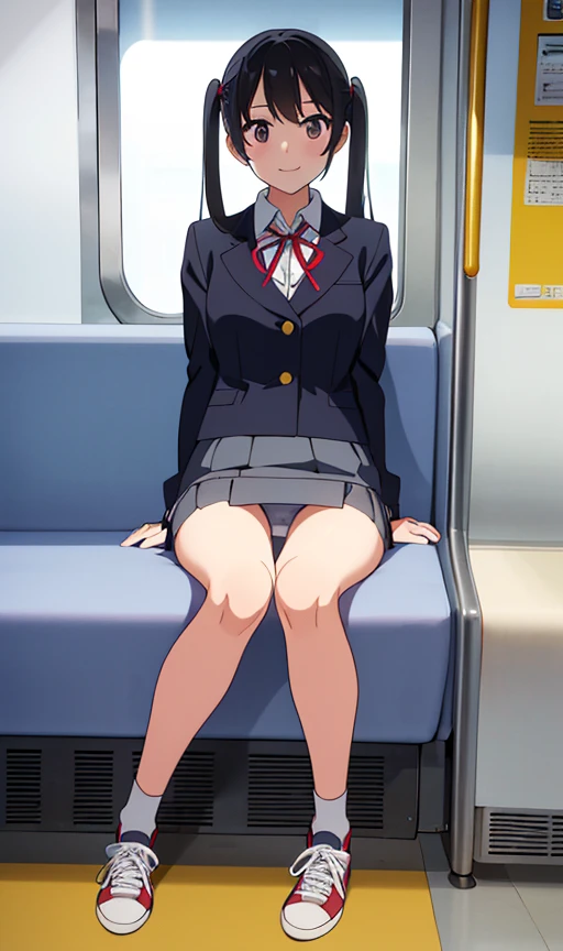 High school girl、Gray Uniform、mini skirt、タイトmini skirt、Lace panties、from the front、8k high resolution、masterpiece、Photo quality、smile、sit in a train seat、Twin tails、ribbon、sneakers