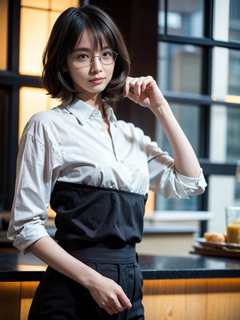 (realistic:1.3), finely detailed, quality, rembrandt lighting, (masterpiece:1.2), (photorealistic:1.2), (best quality), (detailed skin:1.3), (intricate details), dramatic, ray tracing, 1girl, japanese girl, 21 years old, detailed skin texture, (blush:0.5), (goosebumps:0.5), subsurface scattering, smiling, aahayasaka, (side ponytail:1.1), blonde hair, medium breasts, necklace, collared shirt, black vest, sleeves rolled up, (brown clothes around waist:1.1), black pleated skirt skirt, sitting, (bright sunny day, cafe, cafe decorations, indoors), <lora:hayasaka_ai_v2:0.7>