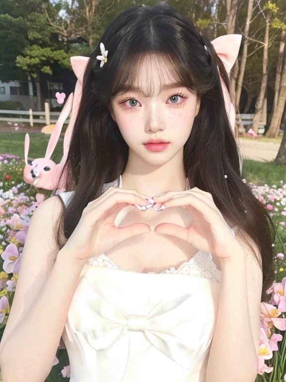 arafed woman making a heart with her hands in a field of flowers, ulzzang, very beautiful cute catgirl, kawaii realistic portrait, ultrarealistic sweet bunny girl, belle delphine, pale porcelain white skin, pale snow white skin, guweiz, anime girl in real life, sakimichan, her face looks like an orchid, sha xi, 🤤 girl portrait, realistic aesthetic, small freckles, hyper realistic teenager, barbie doll, freckles!!!, detailed face, realistic face, realistic fingers, jisoo from blackpink , popular south korean makeup, quality detailed ,(beautiful makeup :1.2), breath big