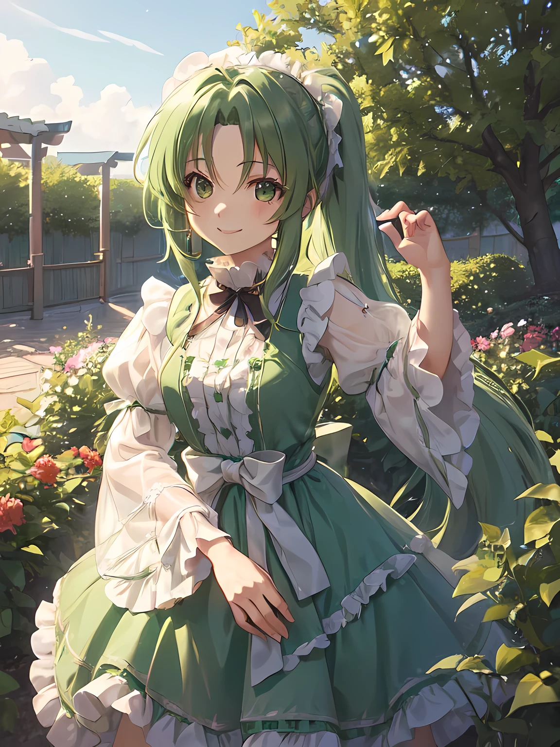 (((Mion Sonozaki))), girl, Alone, green hair, ponytail, green eyes, Layered Dress, Long Dress, lace trim dress, Frills, Puff sleeves, Wide sleeves, bow, jewelry, Long sleeve, Have, smile、garden