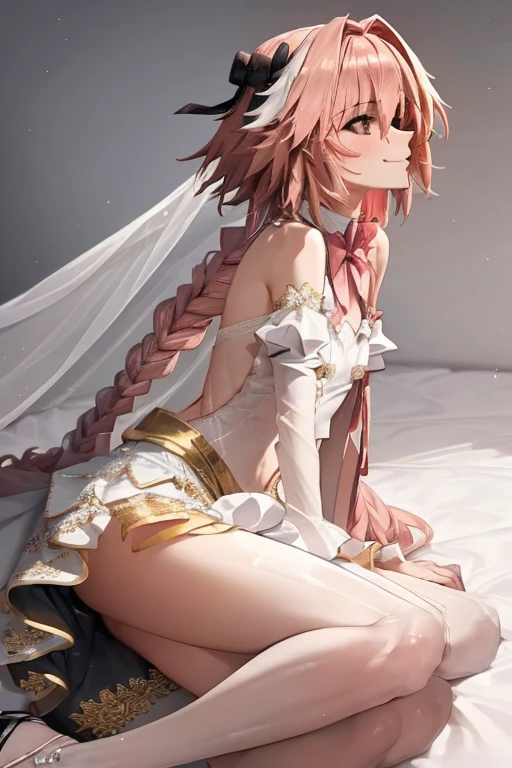 ((masterpiece)), ((best quality)), (detailed), astolfo, Beautiful, Beautiful and slim perfect body, Beautiful body, slim body, flat chest, not breasts, very sexy smile, sexy smile, femboy, boy, bright pink hair, really spiky hair, messy hair, short hair, a long braid, lock of white hair on left side, perfect, solo, gorgeous femenine person, long dress, opened dress, open dress from chest, wedding dress, open wedding dress, dress without shoulder, wedding mini dress without shoulder, bridal veil on the head, small bulge, thong bulge, bikini bulge, luscious lips, long hair, not breasts, sexy, mini skirt, seda skirt, black thong, high heels, gala dress, not female in picture, photo pose, mini thong, long braid, very high ponytail, femboy, Walking, happy, sexy, micro thong, cute bulge, micro crop top, sexy mini skirt, sexy pose, not penis, not nipples, only astolfo, picture of all body, pink hair, formal blouse, happy smile, long latex gloves, bikini bulge, golden dress, high heels, close legs, not open legs, thong bulge, bikini bulge, femboy, not female, male