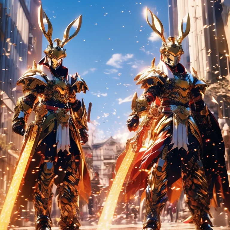 A fire samurai rabbit warrior, wearing a golden armor, with a red cloak, never showing the face, with two katanas