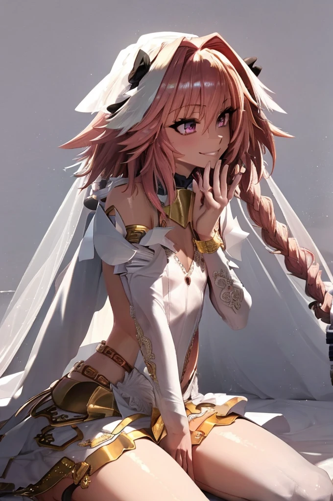 ((masterpiece)), ((best quality)), (detailed), astolfo, Beautiful, Beautiful and slim perfect body, Beautiful body, slim body, flat chest, not breasts, very sexy smile, sexy smile, femboy, boy, bright pink hair, really spiky hair, messy hair, short hair, a long braid, lock of white hair on left side, perfect, solo, gorgeous femenine person, long dress, opened dress, open dress from chest, wedding dress, open wedding dress, dress without shoulder, wedding mini dress without shoulder, bridal veil on the head, small bulge, thong bulge, bikini bulge, luscious lips, long hair, not breasts, sexy, mini skirt, seda skirt, black thong, high heels, gala dress, not female in picture, photo pose, mini thong, long braid, very high ponytail, femboy, Walking, happy, sexy, micro thong, cute bulge, micro crop top, sexy mini skirt, sexy pose, not penis, not nipples, only astolfo, picture of all body, pink hair, formal blouse, happy smile, long latex gloves, bikini bulge, golden dress, high heels, close legs, not open legs, thong bulge, bikini bulge, femboy, not female, male