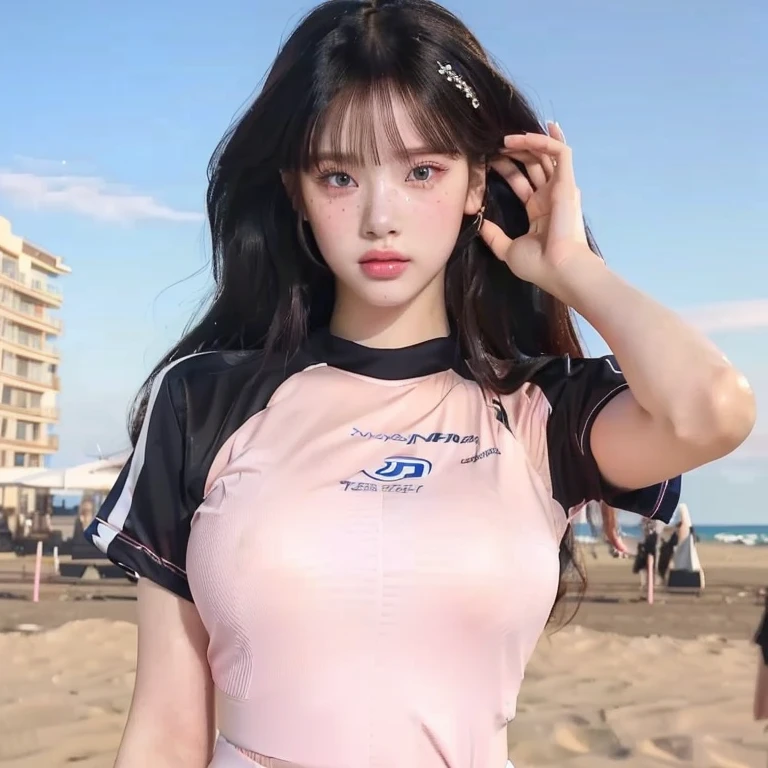 there is a woman that is standing on the beach with a hat and blue like eyes, inspired by Yanjun Cheng, trending at cgstation, ulzzang, trending on cgstation, realistic anime 3 d style, e - girl, e-girl, yanjun chengt, wearing a volleyball jersey, artwork in the style of guweiz, (pink colors), 🤤 girl portrait, realistic aesthetic, small freckles, hyper realistic teenager, barbie doll, freckles!!!, detailed face, realistic face, realistic fingers, jisoo from blackpink , popular south korean makeup, quality detailed ,(beautiful makeup :1.2), Wide hips, big, big ass, (best quality, 8K, masterpiece: 1.3), Clear focus: 1.2, Perfect body beauty: 1.4, strong abs, Very detailed face and skin texture. , detailed eyes, double eyelids, (long hair), having very marked curves, which makes the waist look much smaller ((wasp waist))