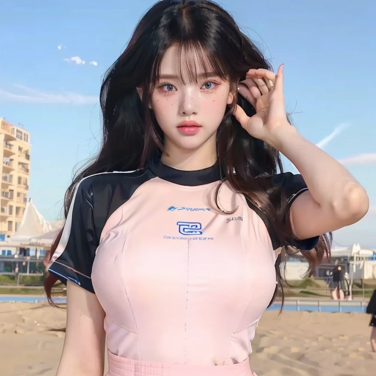 there is a woman that is standing on the beach with a hat and blue like eyes, inspired by Yanjun Cheng, trending at cgstation, ulzzang, trending on cgstation, realistic anime 3 d style, e - girl, e-girl, yanjun chengt, wearing a volleyball jersey, artwork in the style of guweiz, (pink colors), 🤤 girl portrait, realistic aesthetic, small freckles, hyper realistic teenager, barbie doll, freckles!!!, detailed face, realistic face, realistic fingers, jisoo from blackpink , popular south korean makeup, quality detailed ,(beautiful makeup :1.2), Wide hips, big, big ass, (best quality, 8K, masterpiece: 1.3), Clear focus: 1.2, Perfect body beauty: 1.4, strong abs, Very detailed face and skin texture. , detailed eyes, double eyelids, (long hair), having very marked curves, which makes the waist look much smaller ((wasp waist))