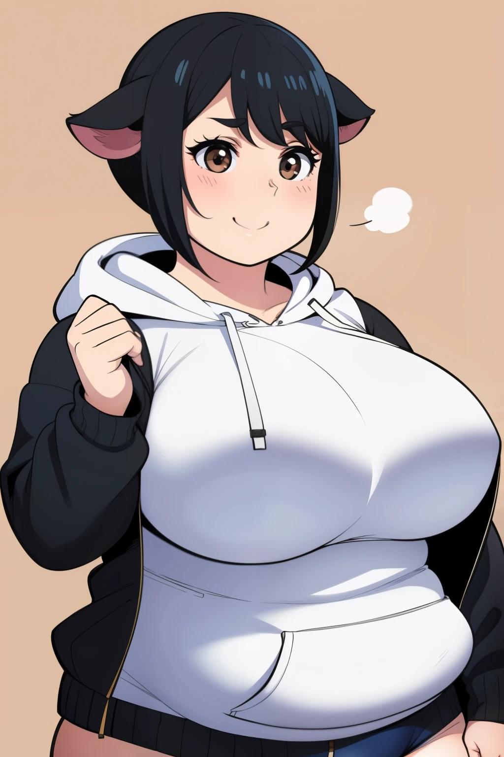 Chubby 2 big boobs black hair brown eyes happy very short hair smile blushing deredere black hoodie pig ear