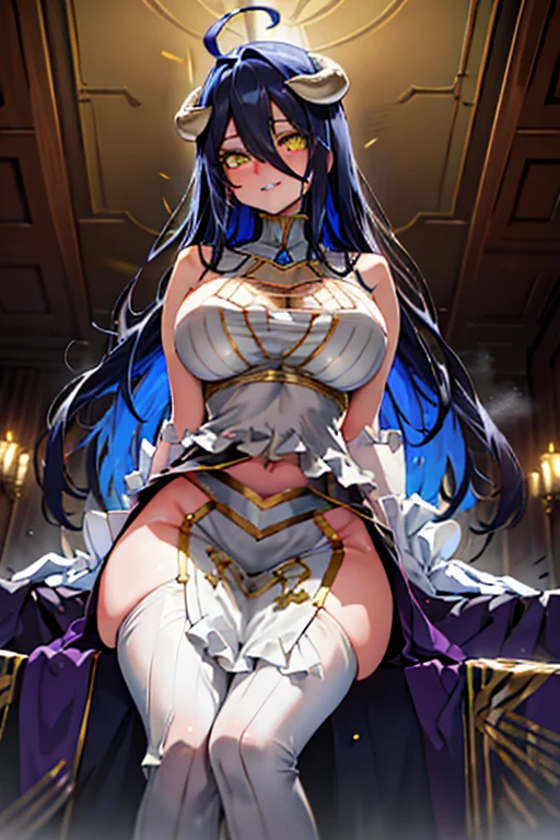 ((Best Quality)), ((masterpiece)),(detailed),High resolution,Sharp focus,Perfect Face,1woman,(complete anatomy),
(非常にdetailed CG unity 8k wallpaper),(((Vibrant colors))),{best illustration},Perfect Fingers,
Albedo, Black Hair,Ahoge, White devil horns,Glowing yellow eyes, Long pupils Glamorous_expensive_Tight waist_Long legs,curvilinear,Cleavage, (Huge hips:1.3),(Huge breasts, Glamour:1.1),
Black Wings,(Low Wing:1.1),  Feathered Wings,Gold Jewelry,White gloves,
shiny 肌,very shiny 肌,Shiny body,plastic glitter 肌,exaggerated shiny 肌,illuminated 肌,
((detailedなボディ)),(detailedな顔)), cute,Lewd,erotic,Bold,

White Dress, Hip vents,  Exposing shoulders, Detachable collar, 
(Flying debris, 超High resolution),(((White and gold theme))),Wear a rainbow aura,
Invisible Light, Amazing shine, Neon blue glow, The colors of another world,
Bright colors, Ghostly Effects,Surreal Landscape,
fluttering feathers, Feather Effect,
seductive grin smug, embarrassed, drunken eyes, blush,
FFA,
(extreme close-up of thigh:1.5),  (The view is from very close below:1.5), Pushing hips forward,  (sitting),
leg up,
Sole,
feet,
looking at viewer,

 sweat, Fog,Steamy armpits, Western Castle,Vast Hall,indoor,A row of pillars engraved with intricate runes,A huge, richly decorated throne,Underground Palace,Soft lighting,Medieval European style,
