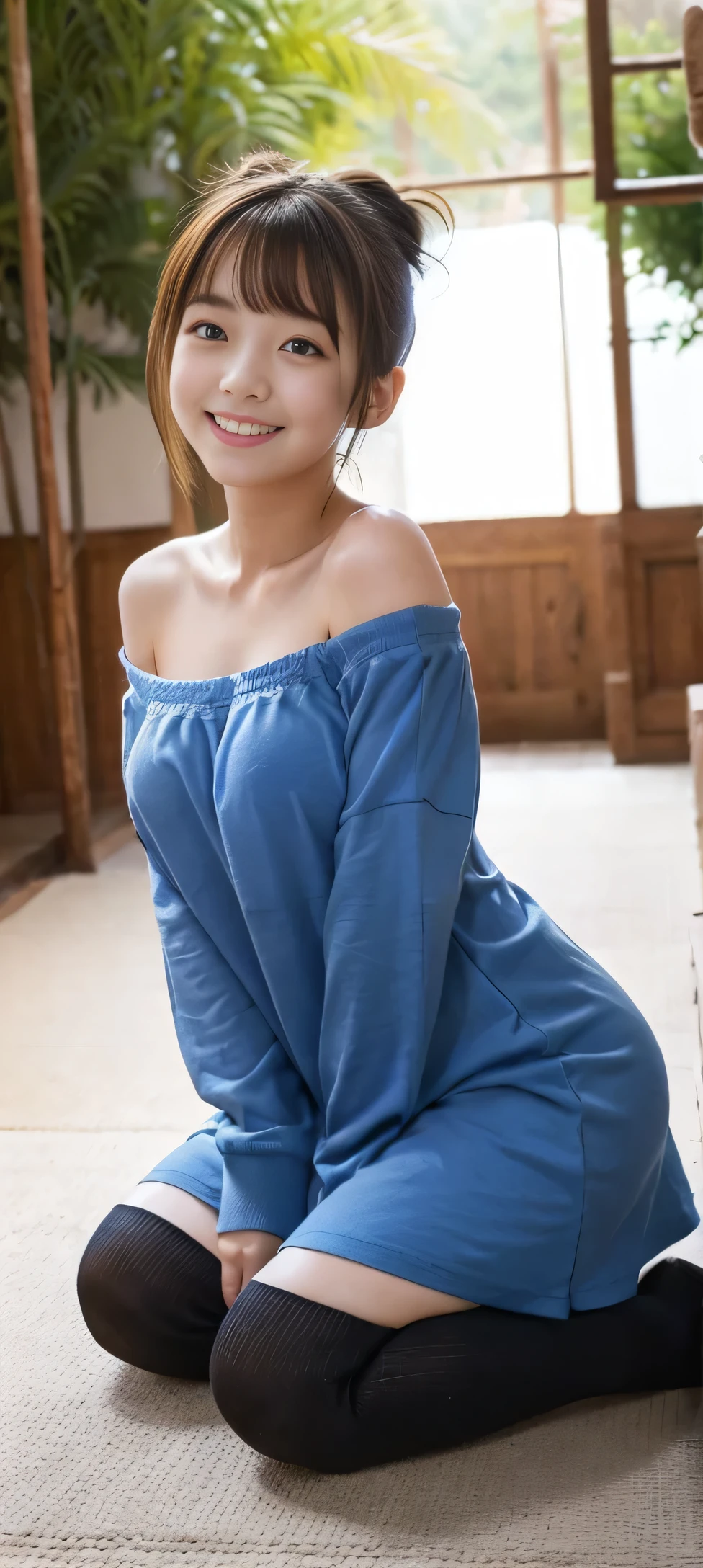 high quality, detailed,She is a Japanese girl,Girl、She is sweating a lot,She has a mole under her eye,Small breasts,(She is wearing a long-sleeved, sky blue, oversized T-shirt dress.,offshoulder,Very very wet clothes,),Blunt bangs,((Hair Bun)),huge smileベッドの上,((Wear over-the-knee socks)),thin,Face Up,