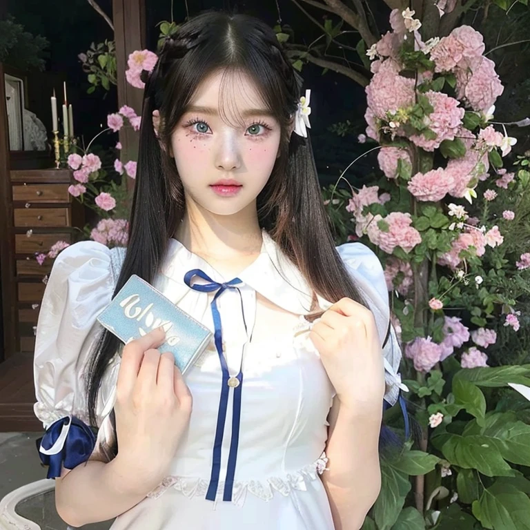 there is a woman in a costume holding a book and a flower and blue like eyes, ulzzang, white hime cut hairstyle, belle delphine, sakimichan, cosplay of a catboy! maid! dress, the hime cut, portrait of magical lolita girl, anime girl in real life, lolita style, pale young ghost girl, with cute - fine - face, 🤤 girl portrait, realistic aesthetic, small freckles, hyper realistic teenager, barbie doll, freckles!!!, detailed face, realistic face, realistic fingers, jisoo from blackpink , popular south korean makeup, quality detailed ,(beautiful makeup :1.2), Wide hips, big, big ass, (best quality, 8K, masterpiece: 1.3), Clear focus: 1.2, Perfect body beauty: 1.4, strong abs, Very detailed face and skin texture. , detailed eyes, double eyelids, (long hair), big bust, big breath  