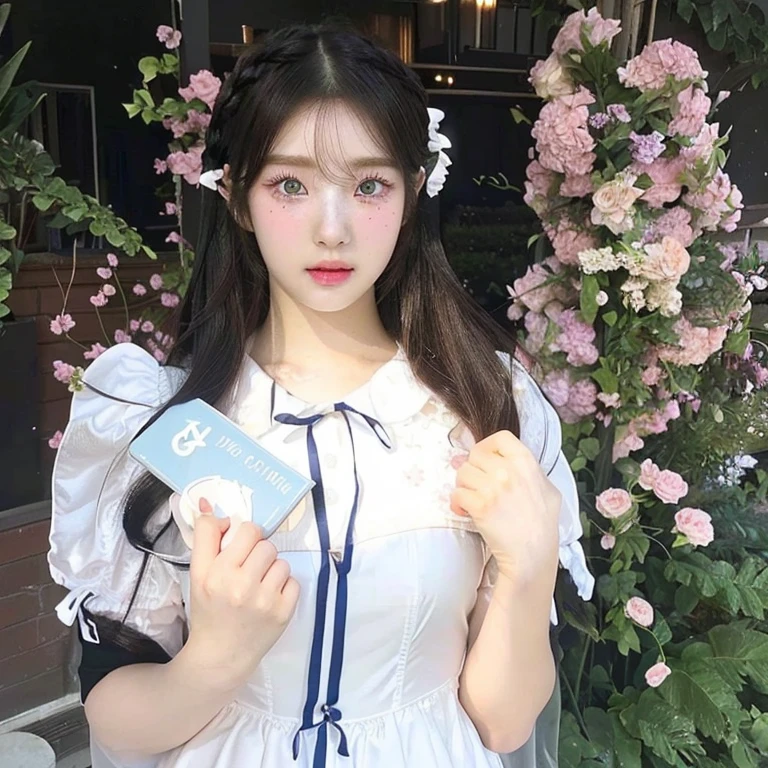 there is a woman in a costume holding a book and a flower and blue like eyes, ulzzang, white hime cut hairstyle, belle delphine, sakimichan, cosplay of a catboy! maid! dress, the hime cut, portrait of magical lolita girl, anime girl in real life, lolita style, pale young ghost girl, with cute - fine - face, 🤤 girl portrait, realistic aesthetic, small freckles, hyper realistic teenager, barbie doll, freckles!!!, detailed face, realistic face, realistic fingers, jisoo from blackpink , popular south korean makeup, quality detailed ,(beautiful makeup :1.2), Wide hips, big, big ass, (best quality, 8K, masterpiece: 1.3), Clear focus: 1.2, Perfect body beauty: 1.4, strong abs, Very detailed face and skin texture. , detailed eyes, double eyelids, (long hair), big bust, big breath  