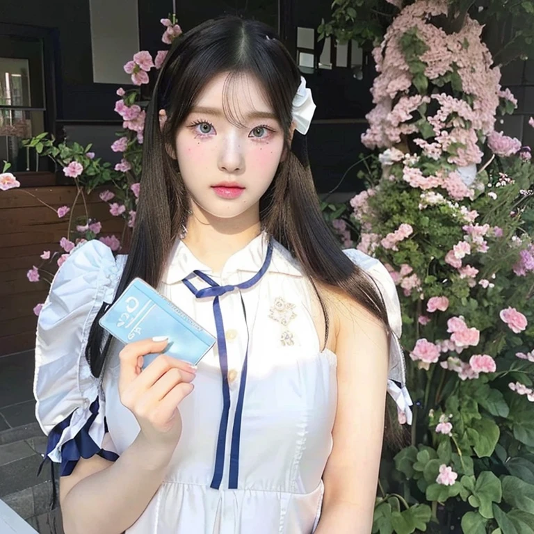 there is a woman in a costume holding a book and a flower and blue like eyes, ulzzang, white hime cut hairstyle, belle delphine, sakimichan, cosplay of a catboy! maid! dress, the hime cut, portrait of magical lolita girl, anime girl in real life, lolita style, pale young ghost girl, with cute - fine - face, 🤤 girl portrait, realistic aesthetic, small freckles, hyper realistic teenager, barbie doll, freckles!!!, detailed face, realistic face, realistic fingers, jisoo from blackpink , popular south korean makeup, quality detailed ,(beautiful makeup :1.2), Wide hips, big, big ass, (best quality, 8K, masterpiece: 1.3), Clear focus: 1.2, Perfect body beauty: 1.4, strong abs, Very detailed face and skin texture. , detailed eyes, double eyelids, (long hair), big bust, big breath  