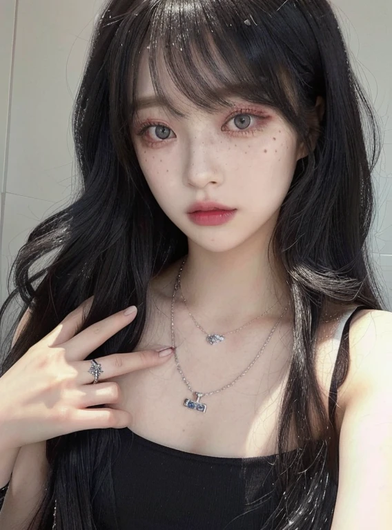 a close up of a woman with long black hair wearing a necklace and grays eyes, cruel korean goth girl, 1  anime goth girl, goth girl aesthetic, 1  goth girl, with long hair and piercing eyes, pale goth beauty, ulzzang, black hime cut hair, goth girl, goth aesthetic, sui ishida with black hair, 🤤 girl portrait, realistic aesthetic, small freckles, hyper realistic teenager, barbie doll, freckles!!!, detailed face, realistic face, realistic fingers, jisoo from blackpink , popular south korean makeup, quality detailed ,(beautiful makeup :1.2),