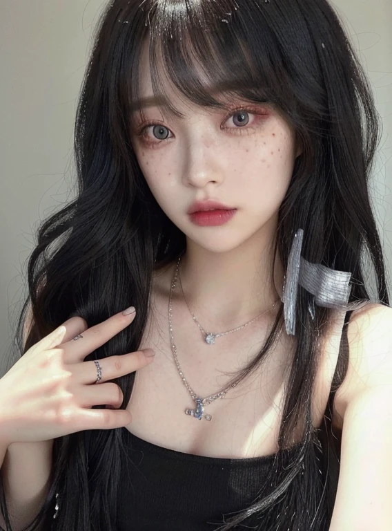 a close up of a woman with long black hair wearing a necklace and grays eyes, cruel korean goth girl, 1  anime goth girl, goth girl aesthetic, 1  goth girl, with long hair and piercing eyes, pale goth beauty, ulzzang, black hime cut hair, goth girl, goth aesthetic, sui ishida with black hair, 🤤 girl portrait, realistic aesthetic, small freckles, hyper realistic teenager, barbie doll, freckles!!!, detailed face, realistic face, realistic fingers, jisoo from blackpink , popular south korean makeup, quality detailed ,(beautiful makeup :1.2),