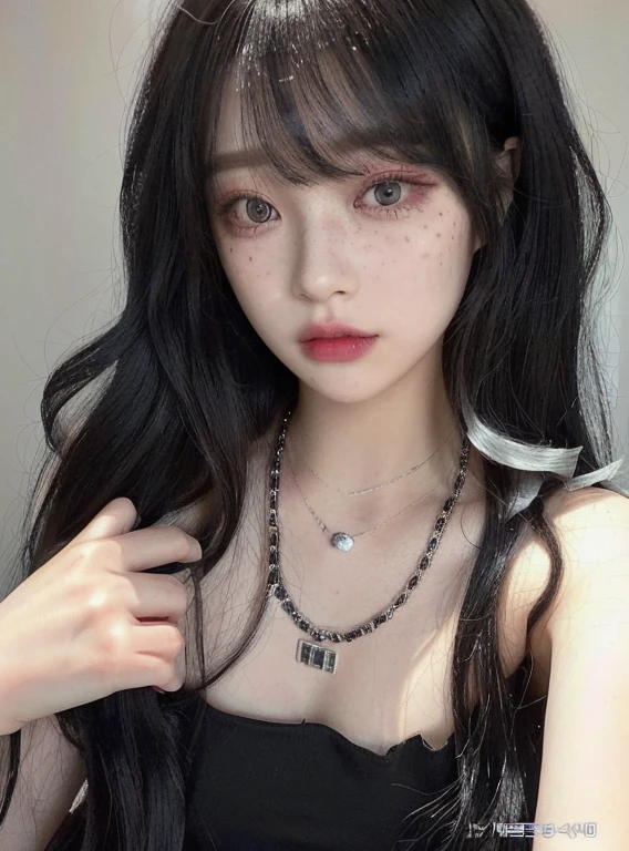 a close up of a woman with long black hair wearing a necklace and grays eyes, cruel korean goth girl, 1  anime goth girl, goth girl aesthetic, 1  goth girl, with long hair and piercing eyes, pale goth beauty, ulzzang, black hime cut hair, goth girl, goth aesthetic, sui ishida with black hair, 🤤 girl portrait, realistic aesthetic, small freckles, hyper realistic teenager, barbie doll, freckles!!!, detailed face, realistic face, realistic fingers, jisoo from blackpink , popular south korean makeup, quality detailed ,(beautiful makeup :1.2),