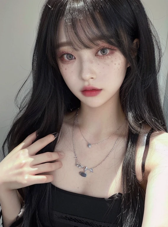 a close up of a woman with long black hair wearing a necklace and grays eyes, cruel korean goth girl, 1  anime goth girl, goth girl aesthetic, 1  goth girl, with long hair and piercing eyes, pale goth beauty, ulzzang, black hime cut hair, goth girl, goth aesthetic, sui ishida with black hair, 🤤 girl portrait, realistic aesthetic, small freckles, hyper realistic teenager, barbie doll, freckles!!!, detailed face, realistic face, realistic fingers, jisoo from blackpink , popular south korean makeup, quality detailed ,(beautiful makeup :1.2),