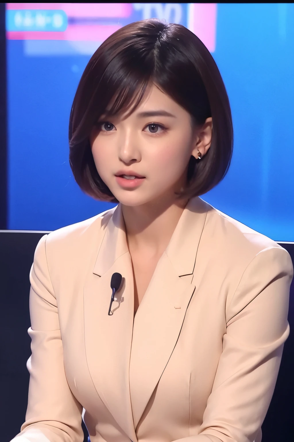 highest image quality、ultra high resolution、1 girl in、beautiful face、short hair､Announcer wearing tight long-sleeved suit、Sit in the studio、news caster