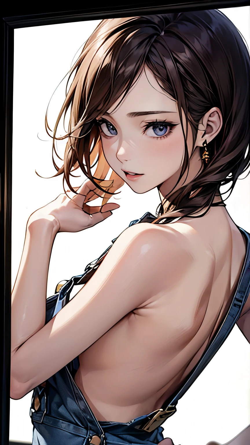 ((Biologically correct number of limbs))、4K、masterpiece、((focus on the face))、((Symmetrical facial features))、Eyes with detailed description、Beautiful woman、outstanding style、beautiful clavicle、beautiful legs、beautiful hands、slender body、(stockings、high heels)、Detailed depiction of faces、small earrings、necklace、(shirt、overalls)、Close-up of upper body including face、lighting to the face、tie、cyber city、(((white frame photo)))、Looking back、buckshot、Neat and clean、smile、