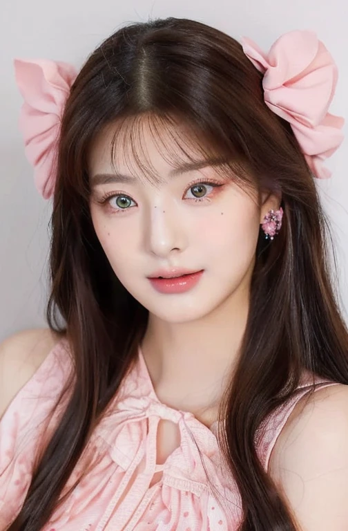 a close up of a woman with long hair wearing a pink dress and pink fucsia eyes, popular south korean makeup, ulzzang, beautiful aesthetic face, kawaii realistic portrait, popular korean makeup, with cute doting eyes, wan adorable korean face, realistic beautiful big eyes, cute round slanted eyes, glowing pink eyes, pale porcelain white skin, with gorgeous detailed eyes, 🤤 girl portrait, realistic aesthetic, small freckles, hyper realistic teenager, barbie doll, freckles!!!, detailed face, realistic face, realistic fingers, jisoo from blackpink , popular south korean makeup, quality detailed ,(beautiful makeup :1.2), 