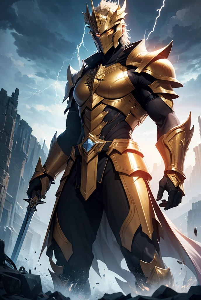 The image presents a golden knight in highly detailed armor, inspired by the Knights of the Zodiac. The figure is positioned facing the screen, allowing a clear view of all the details of the armor, with special emphasis on the shoulder pads. Rendered in Unreal Engine style, the armor has a polished golden metallic finish, with intricate designs that balance power and elegance.

The pauldrons are large, straight and angular, extending outwards and slightly upwards. This design creates a precise and imposing appearance, standing out as one of the most striking elements of the armor. The helmet has an aerodynamic shape, with a central crest that projects upwards, The visor glows blue, adding a high-tech touch.

The centerpiece of the chest is composed of segmented golden plates that overlap in a symmetrical pattern, providing protection and an air of grandeur. In the center of his chest, there is a jewel or crystal that emits a soft glow, bringing a touch of mystical energy to the armor. The arms are protected by articulated plates, while the gauntlets are robust and elegant, blending futuristic sophistication with the classic style of Zodiac armors.

The legs are covered by segmented plates that protect the thighs, knees and shins, ending in angled boots that give the figure a powerful stance. The background of the image is a dark cosmic scene, with a rocky terrain illuminated by distant stars and nebulae. The golden armor shines brightly against this backdrop, highlighting its divine and powerful nature. The dynamic lighting creates a dramatic effect, with shadows and reflections on the polished surfaces of the armor, especially on the shoulder pads and the central jewel, reinforcing the figure's mystical and imposing aura.