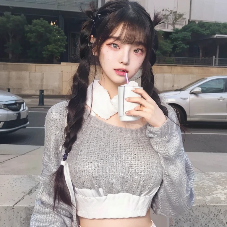 (1girl:1.3), Solo, __body-parts__, Kim Ji-ni Jennie Face, Korean Style Photo, Korean Instagram, Pink turtleneck sweater, Sport knitted pink shorts, World-weary face, Sense of luxury, Indifferent eyes, Feminine, Photography blockbuster style, background cement gray, 8K resolution image, intricate symmetrical details. The whole picture goes forward, mainly a woman standing all over her body, with smooth movements and a complete picture.