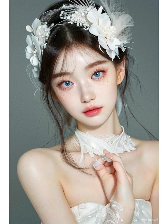 there is a woman wearing a white dress and a white feathered headpiece, pale porcelain white skin, pale snow white skin, guweiz, porcelain white skin, pale milky white porcelain skin, jinyoung shin, pale fair skin!!, ulzzang, ethereal beauty, lovely delicate face, beautiful aesthetic face, porcelain pale skin, beautiful girl model, yanjun chengt, 🤤 girl portrait, realistic aesthetic, small freckles, hyper realistic ager, barbie doll, freckles!!!, detailed face, realistic face, realistic fingers, jisoo from blackpink , popular south korean makeup, quality detailed ,(beautiful makeup :1.2), 