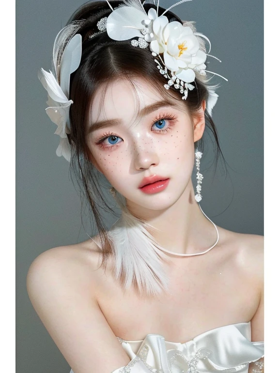 there is a woman wearing a white dress and a white feathered headpiece, pale porcelain white skin, pale snow white skin, guweiz, porcelain white skin, pale milky white porcelain skin, jinyoung shin, pale fair skin!!, ulzzang, ethereal beauty, lovely delicate face, beautiful aesthetic face, porcelain pale skin, beautiful girl model, yanjun chengt, 🤤 girl portrait, realistic aesthetic, small freckles, hyper realistic teenager, barbie doll, freckles!!!, detailed face, realistic face, realistic fingers, jisoo from blackpink , popular south korean makeup, quality detailed ,(beautiful makeup :1.2), 