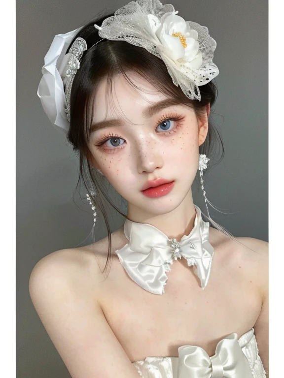 there is a woman wearing a white dress and a white feathered headpiece, pale porcelain white skin, pale snow white skin, guweiz, porcelain white skin, pale milky white porcelain skin, jinyoung shin, pale fair skin!!, ulzzang, ethereal beauty, lovely delicate face, beautiful aesthetic face, porcelain pale skin, beautiful girl model, yanjun chengt, 🤤 girl portrait, realistic aesthetic, small freckles, hyper realistic teenager, barbie doll, freckles!!!, detailed face, realistic face, realistic fingers, jisoo from blackpink , popular south korean makeup, quality detailed ,(beautiful makeup :1.2), 